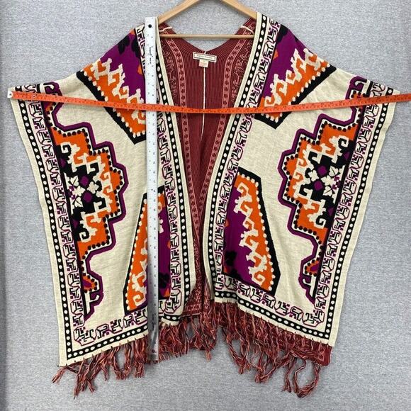 Flying Tomato Poncho Womens Medium/Large Aztec Beige Orange Fringe Boho Chic - Picture 7 of 10